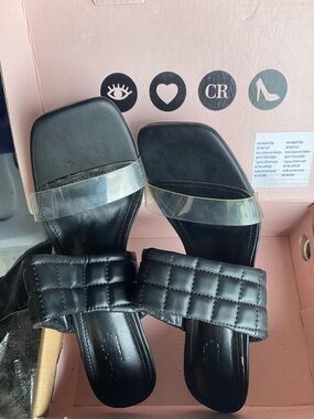 Charlotte Russe Black Quilted Slide Sandals with Clear Strap